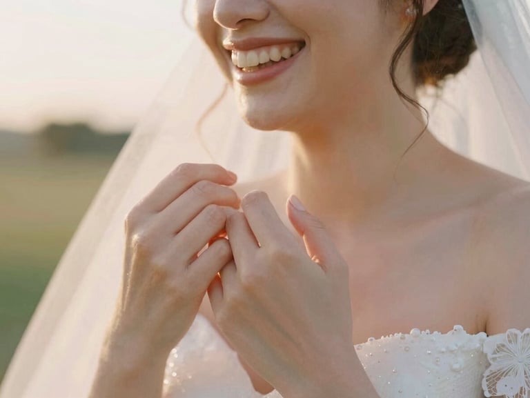 Close-up of a bride laughing during golden hour, soft focus on hands, warm pastel tones, natural light