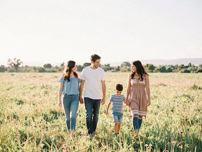 A family walking together in a sun-drenched meadow in Querétaro, candid movement, warm tones