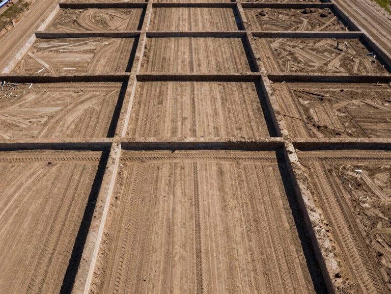 Overhead drone shot of a perfectly gridded construction site, showing sharp dirt boundaries, graded pads, and heavy tire tracks in harsh high-noon sunlight.