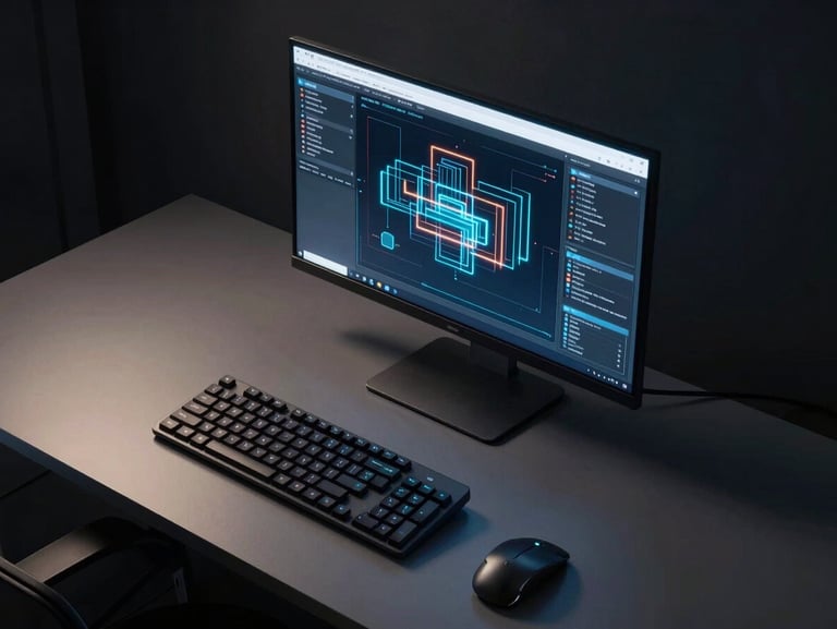 Overhead view of a minimalist, high-end technical workstation with a single glowing monitor displaying system architecture diagrams, deep shadows, neon self-illumination.