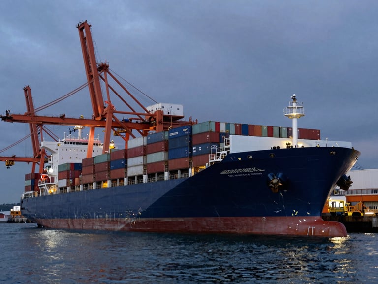 Extreme wide-angle shot of a massive container ship docked at a high-tech terminal under dramatic overcast dusk lighting, sharp safety orange crane structures contrasting with deep navy water.