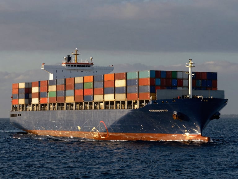Extreme wide-angle shot of a massive container ship loaded with colorful cargo containers navigating deep blue water at dawn, dramatic natural light, high contrast