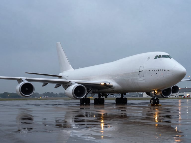 Wide-angle dramatic shot of a massive cargo plane on a wet tarmac at dusk, sharp industrial lighting reflecting on the ground, overcast sky.