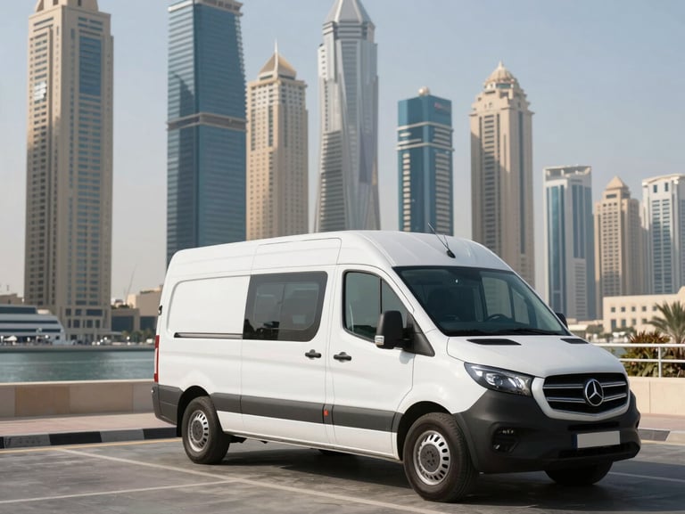 Wide-angle shot of a spotless, branded modern moving van parked near iconic Dubai Marina towers, bright desert daylight softened by architectural shadows, clean execution.
