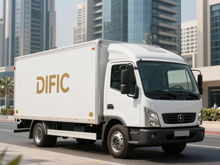 A spotless, modern white moving truck with golden branding parked outside a sleek commercial skyscraper in DIFC Dubai, sharp architectural shadows, bright daylight.