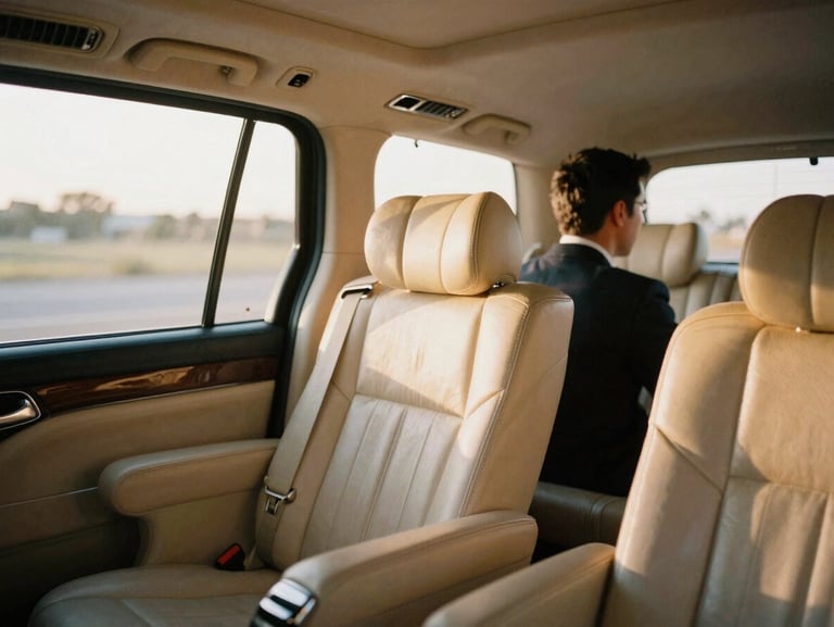 A clean, luxury chauffeured interior of a private sedan, soft sunlight filtering through the window, pristine leather seats, professional driver visible in soft focus, warm editorial travel photography.
