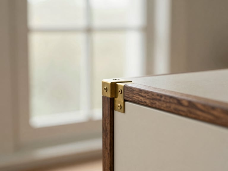 Tight macro detail shot of a custom brass and walnut furniture joint, soft diffused natural window light, shallow depth of field, 35mm