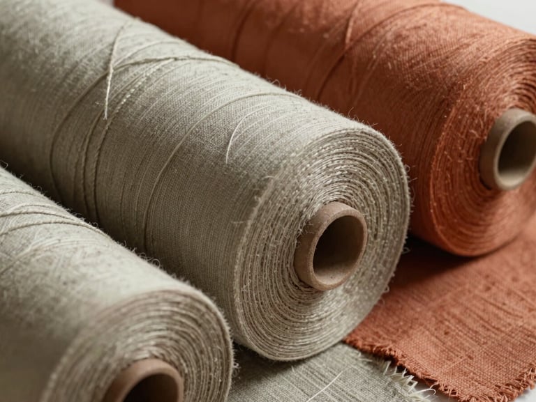 Close-up of raw linen fabric rolls in earthy sage and clay terracotta tones, diffused studio lighting