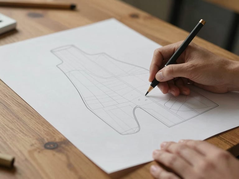 A designer's hands drafting an original paper pattern on a large oak table, soft side light