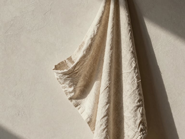 Finished linen garments draped elegantly on a textured plaster wall, natural shadows