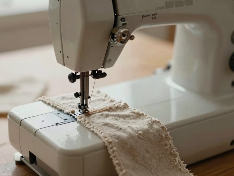 Close-up of a vintage sewing machine stitching a clay-dyed linen hem, warm focus