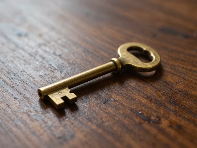 Intimate close-up of a heavy brass key resting on a dark polished oak table, soft focus on the warm wood grain, natural side lighting.