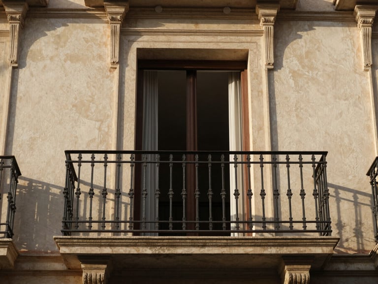 Straight-on architectural shot of a classic Chamberí apartment balcony with elegant wrought-iron railings, warm afternoon light filtering through the glass doors, soft shadows.
