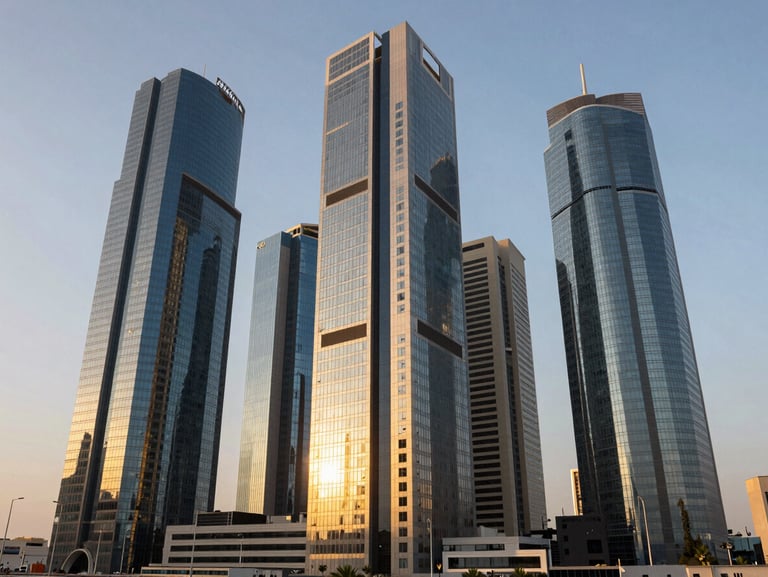 Wide environmental shot of modern corporate skyscraper architecture in Jeddah during golden hour, reflecting warm sunlight, clean lines, professional prestige