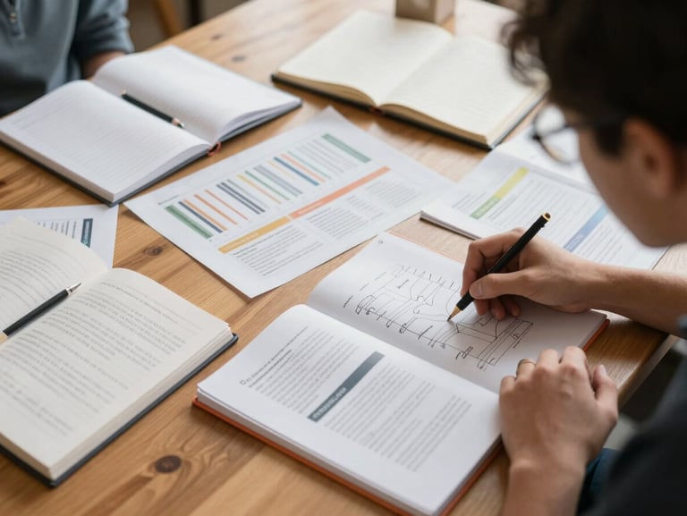 Overhead study of a peer learning session in a community space — notebooks, printed training materials, and a hand pointing to a diagram spread across a wooden table, natural daylight from above, warm surface tones, no faces visible, focus on the tools and materials of practice