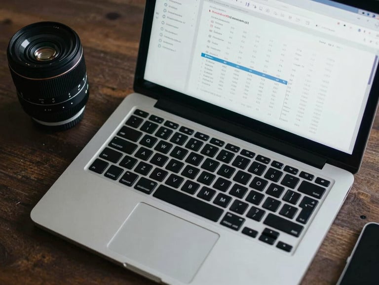 Overhead flat-lay of workspace essentials, a sleek laptop showing clean financial UI, natural cool-toned lighting, sharp focus