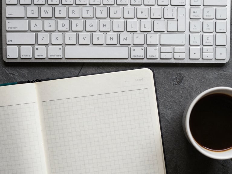 Overhead flat-lay of a structured workspace, a modern keyboard, a clean notebook with grid lines, and a cup of coffee, cool natural lighting, precise alignment.