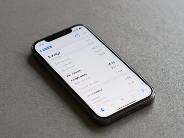 Overhead flatlay of a phone screen showing an earnings dashboard with dollar figures visible, neutral desk surface, daylight-neutral lighting, no person