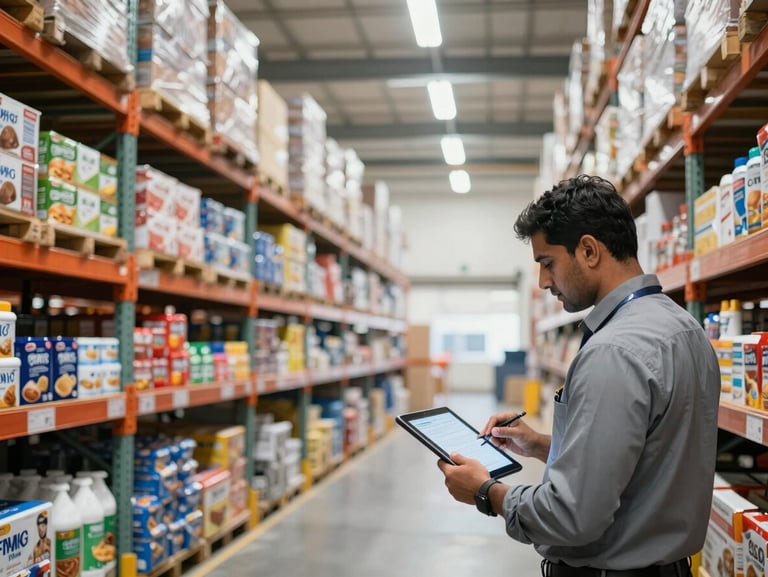Wide environmental shot of a brightly lit, modern C&F warehouse in India, with organized racks of FMCG goods and a professional supervisor reviewing logistics on a tablet in the foreground, natural light.