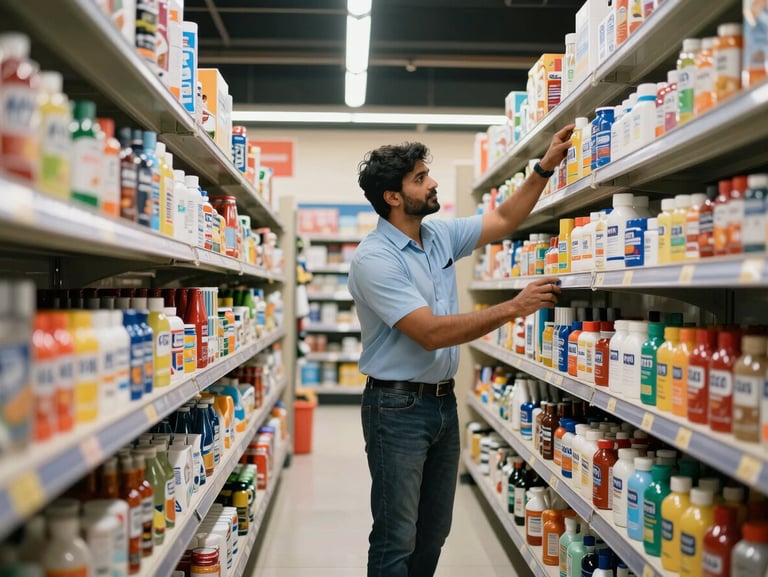 A clean, organized modern trade retail aisle in India, professional field representative placing FMCG products on the shelf, bright industrial lighting.