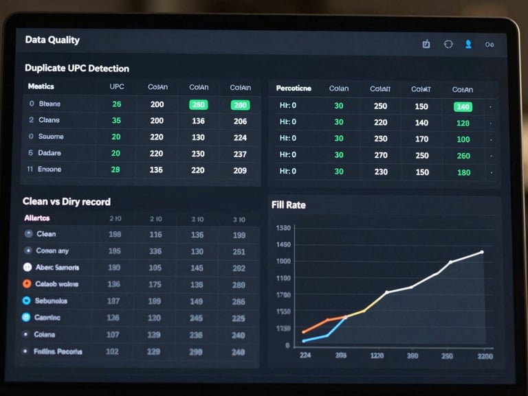 Data quality dashboard showing catalog hygiene metrics: duplicate UPC detection table, clean vs dirty record counts, fill rate trend chart on a dark UI, precise data grid visualization, no people