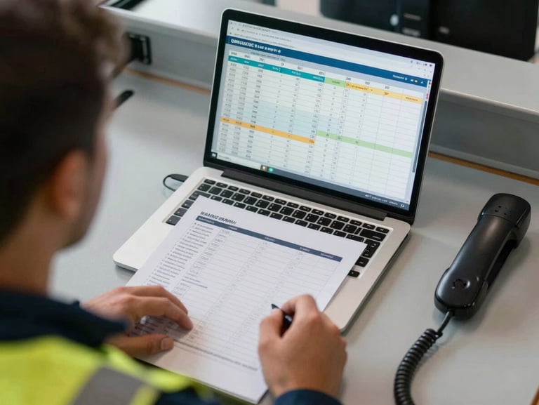 Overhead shot of a crewing coordinator's workstation with a crew rotation schedule, open laptop showing a vessel deployment table, a phone handset, and a printed manning checklist, flat natural light from above