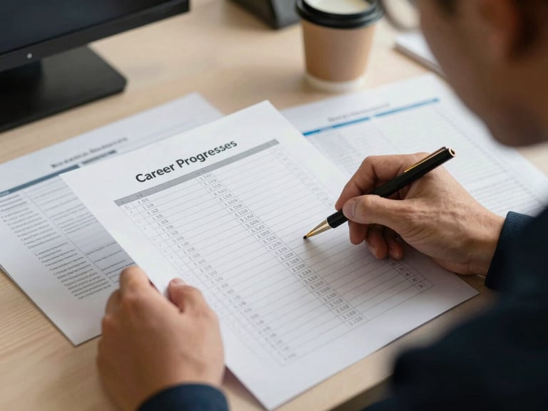 Close-up of two people seated at a desk reviewing a printed career progression chart for maritime ranks, one person pointing at an officer rank entry, documents and a coffee cup visible, warm indoor office light