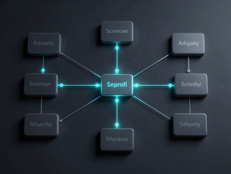 Top-down schematic diagram of an interactive node-based workflow architecture, clean vector lines, subtle cyan glow on active data paths, deep obsidian background.