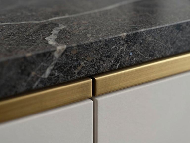 Macro close-up of a flawless material junction where dark Calacatta marble countertop meets a brushed brass structural inlay, soft diffused side lighting, absolute precision.