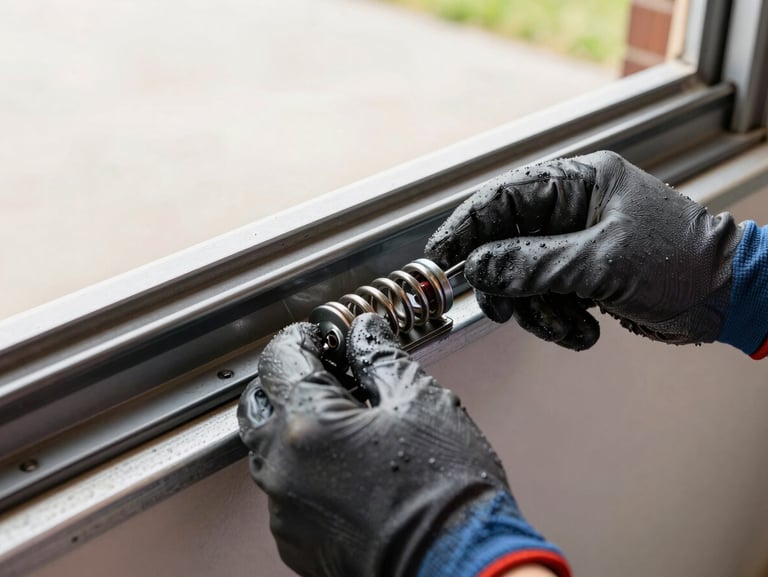 Close-up of a technician's gloved hands replacing a torsion spring on a residential garage door track, natural daylight from the open bay, grease and hardware detail visible