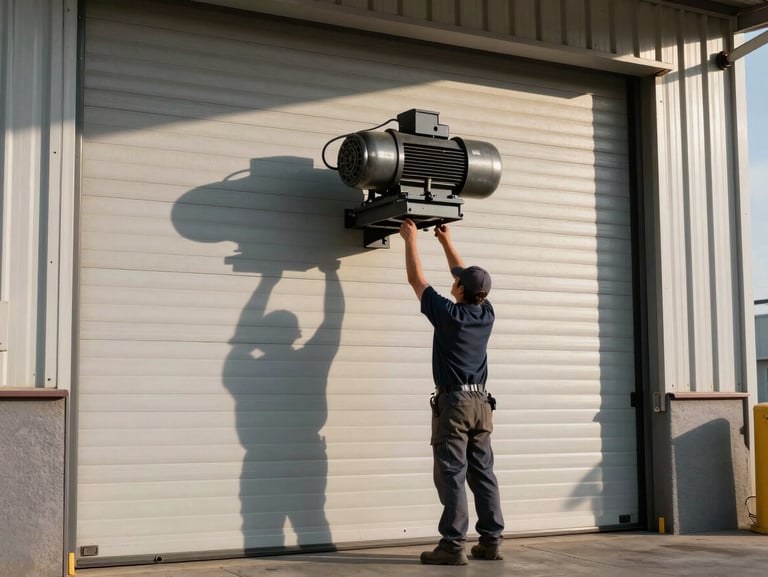 Wide shot of a technician adjusting a commercial roll-up door motor unit mounted above a warehouse bay entrance in Los Angeles, afternoon light casting hard shadows on the corrugated metal panels