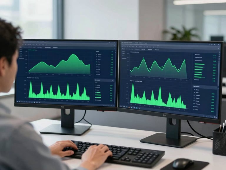 Over-the-shoulder view of a clean dual-monitor setup displaying real-time analytical dashboards with electric green charts, sharp contrast, cool office daylight, 35mm