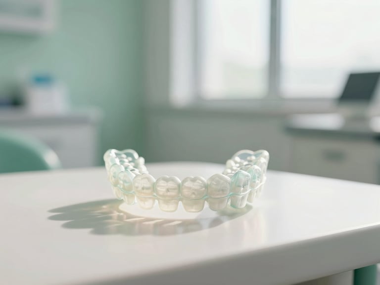 modern invisible orthodontic aligners resting on a clean surface, soft green tones