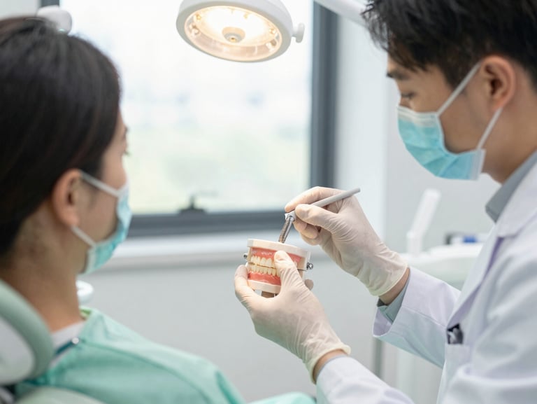 dentist explaining dental implant model to patient, soft window light, warm interaction