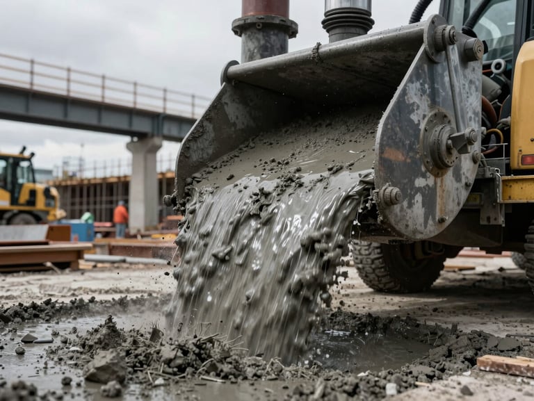 High-contrast close-up of heavy machinery pouring concrete on an active Seattle jobsite, cool overcast daylight, raw steel beams in background.