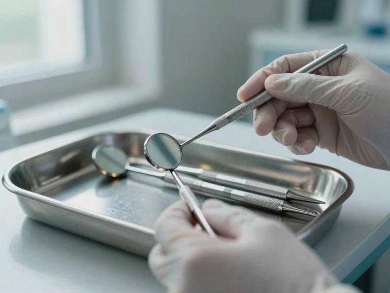 Close-up of a dentist's gloved hands holding a dental mirror and explorer instrument over a clean stainless tray, cool diffused window light from the left, clinical precision visible in the arrangement of instruments, no patient, no branding.