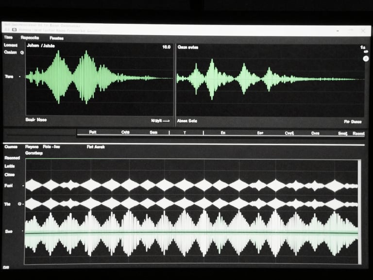 High-contrast monochrome flat-on screen capture of a video editing interface with sharp audio waveforms, terminal-green accents