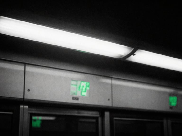 Gritty high-contrast monochrome close-up of a subway platform under harsh fluorescent light, raw 35mm film grain, green reflections
