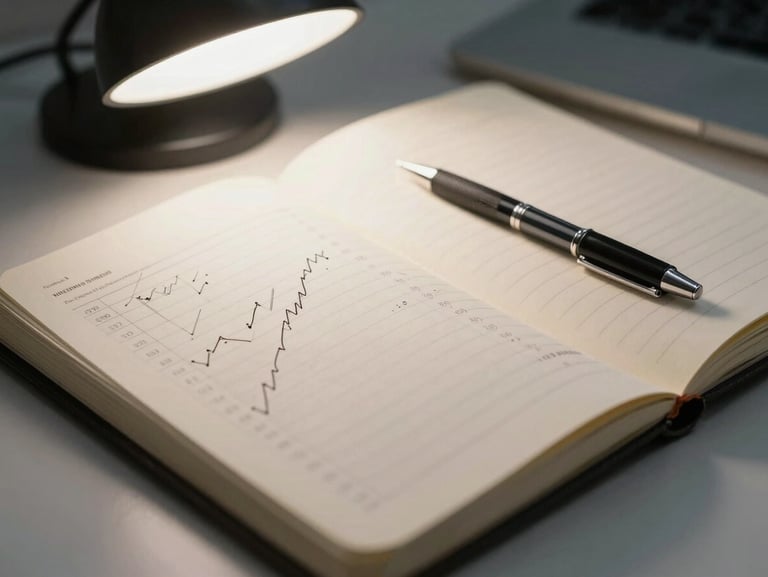 Close-up of a financial analyst's notebook open on a desk, annotated index chart printout beside a mechanical pencil, cool neutral overhead light, shallow depth of field, no faces