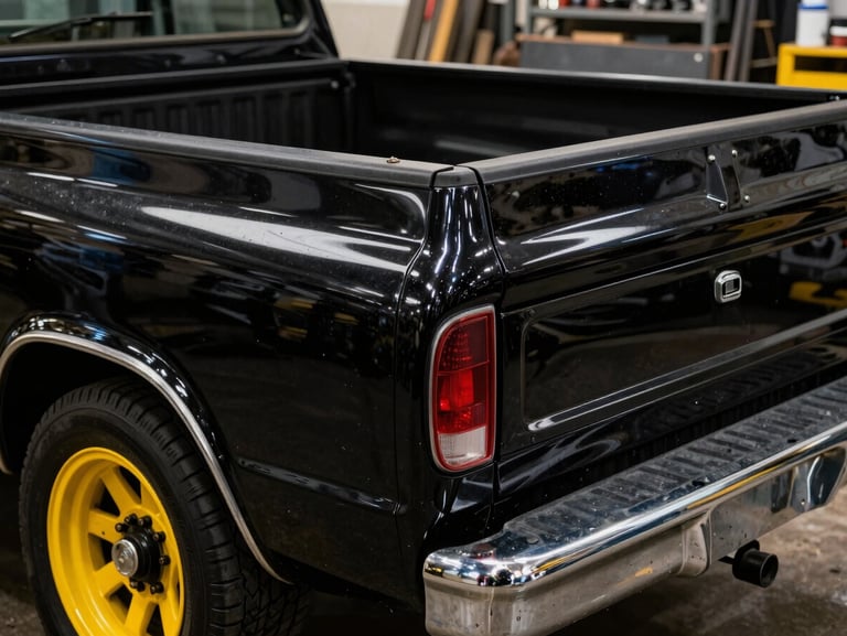 Dramatic close-up of a restored, glossy deep black pickup truck tailgate with raw steel accents, yellow rim lighting, sharp workshop reflection