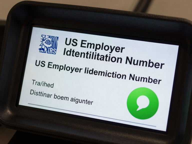 A high-fidelity digital dashboard showing a verified US Employer Identification Number document from the IRS next to a green active status indicator.