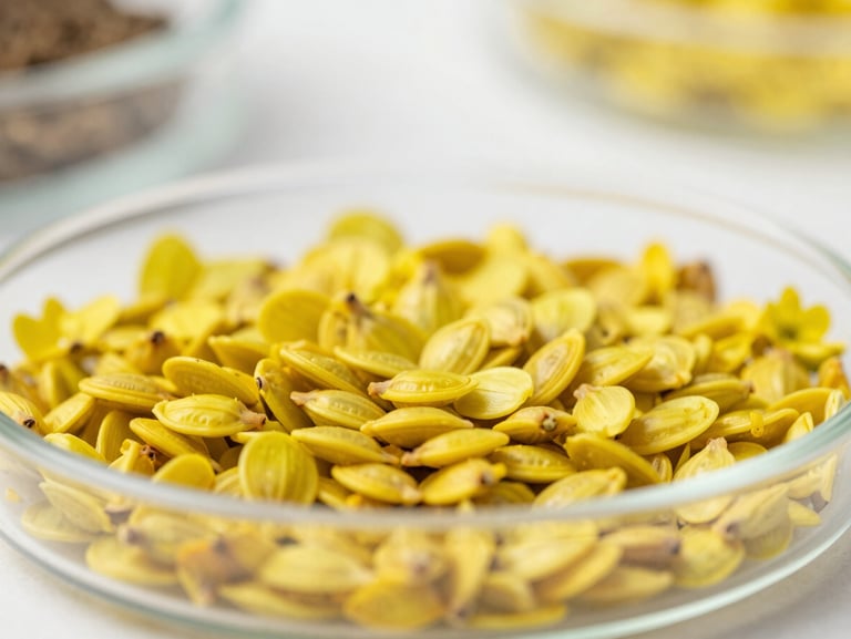 Close-up macro shot of clean, bright yellow canola seeds in a professional lab dish, with soft focus background.