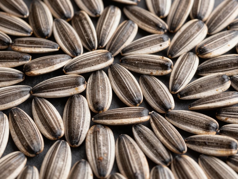 Macro detail of striped sunflower seeds, neatly arranged on a dark surface, showing consistent size and quality.