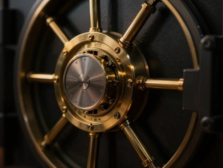 macro close-up of a secure modern vault mechanism with gold accents, dramatic low-key lighting, high contrast, luxury feel