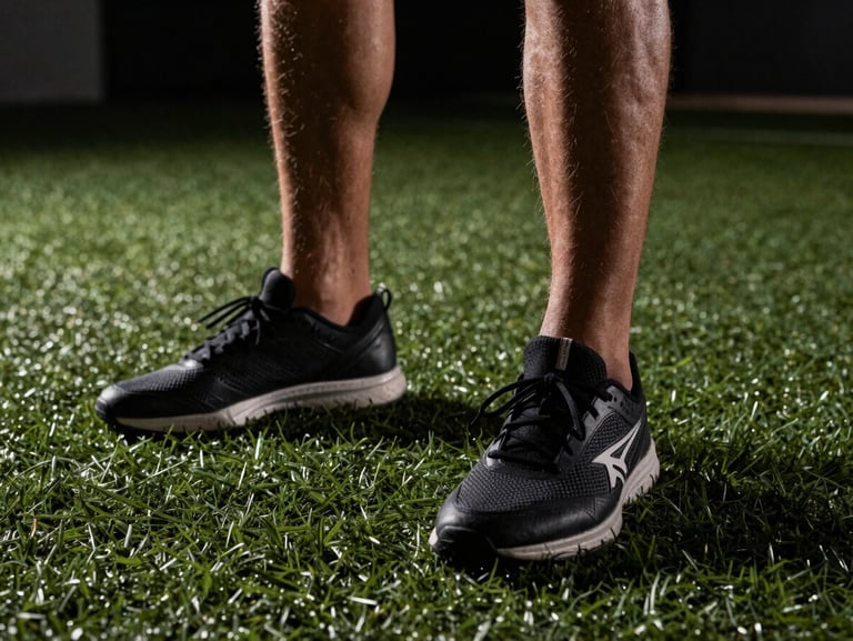 A close-up of controlled athletic movement on a turf gym floor, focusing on stable ankles and athletic footwear, low-key dramatic lighting