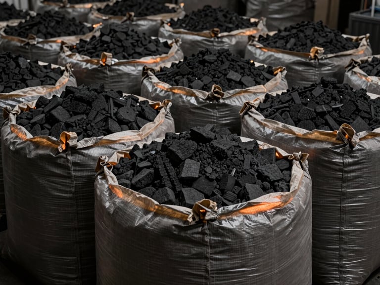 Industrial packaging facility showing heavy-duty export-grade bags filled with charcoal, ready for container loading