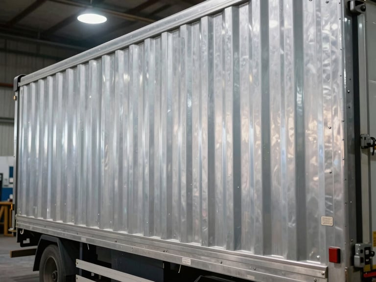Corrugated aluminum cargo box truck, clean metallic side panels reflecting low-key industrial workshop lights.