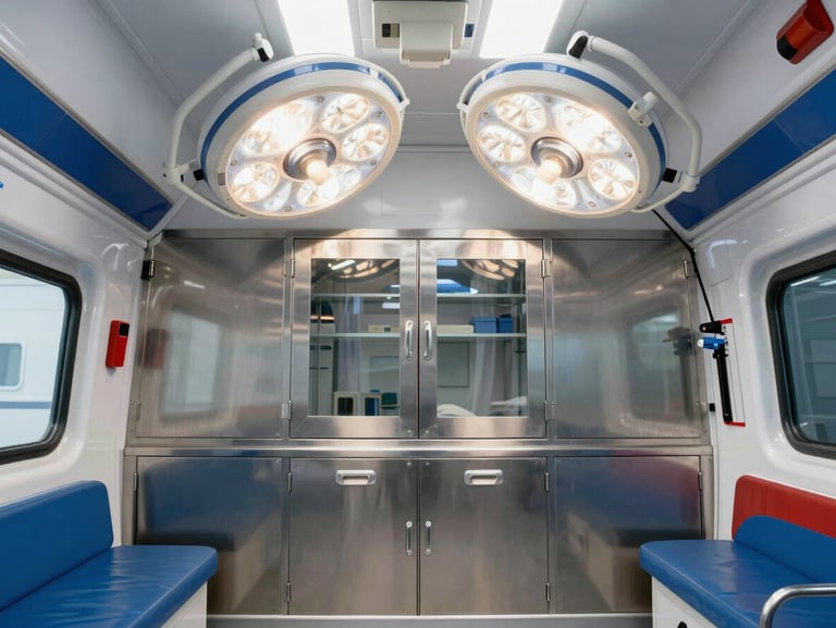 High-precision emergency ambulance interior, sterile stainless steel cabinets, surgical grade lighting, clean medical layout.