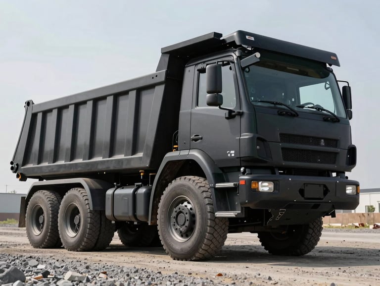 Heavy-duty dump truck with high-tensile steel body, low angle shot, industrial matte black finish, parked on gravel site.