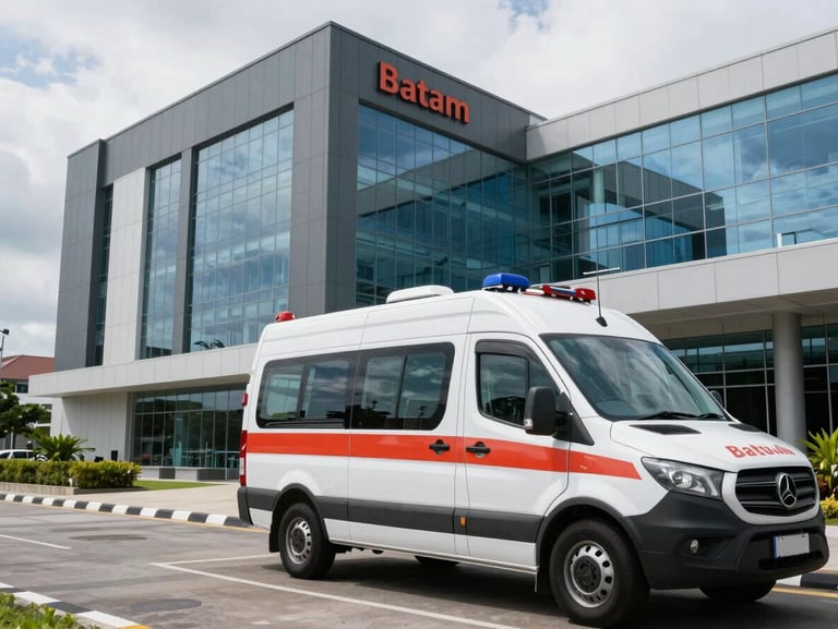 Wide environmental shot of a completed black and white emergency ambulance parked outside a modern hospital in Batam, overcast coastal daylight, dramatic reflections on clean glass and polished steel panels.